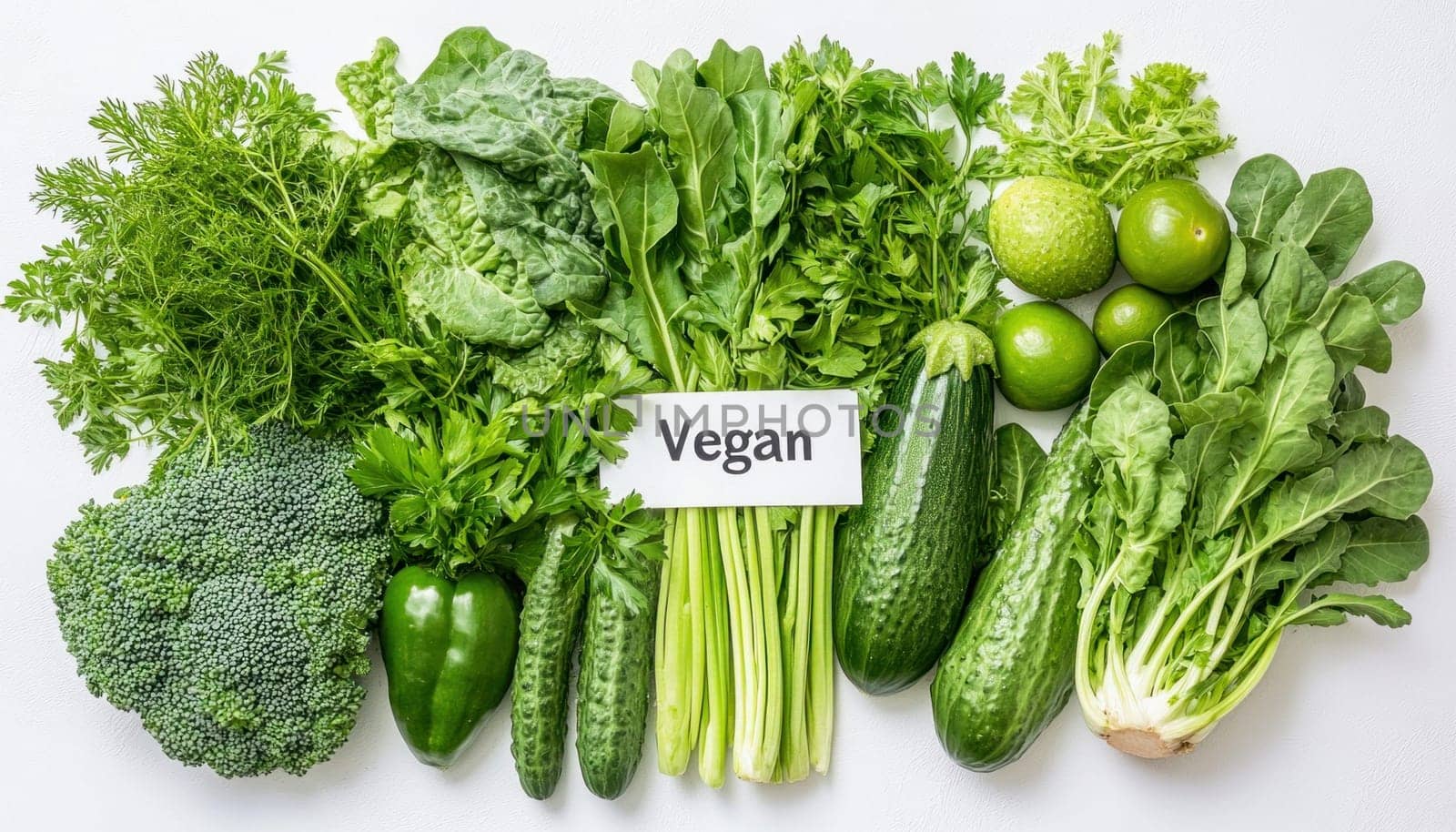 Assortment of fresh green vegetables and a sign promoting veganism, advocating for plant-based diets