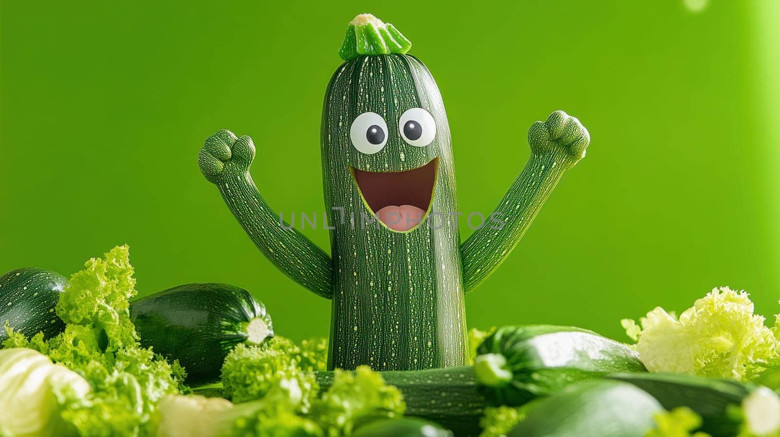 3d illustration of a cheerful zucchini character celebrating amidst a pile of fresh vegetables and lettuce