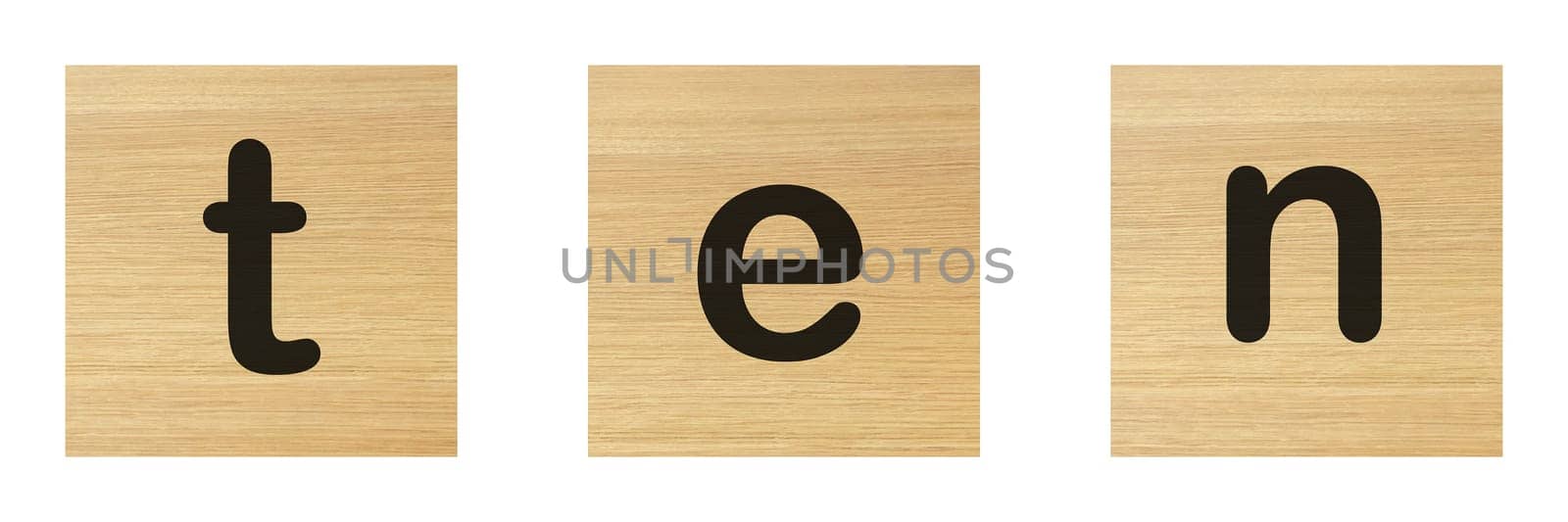 A ten word with wood blocks on white