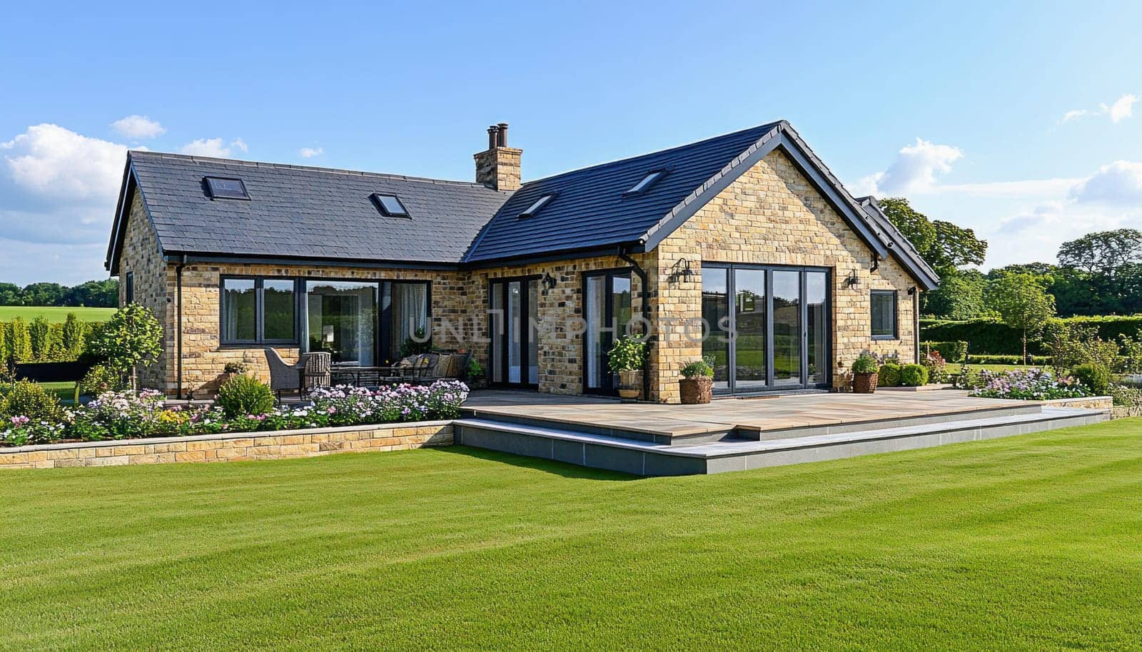 Beige brick house featuring a large patio, manicured lawn, and flowerbeds under a clear blue summer sky