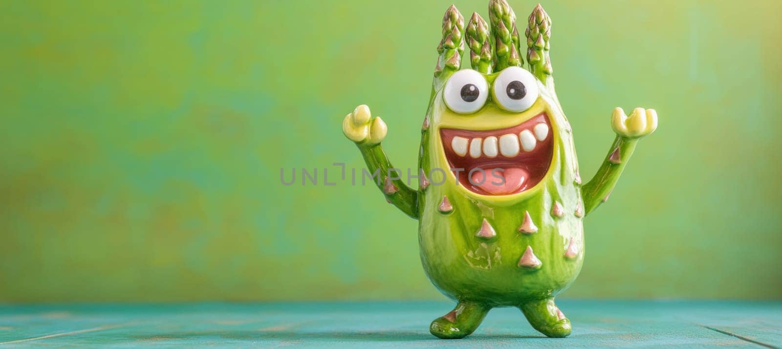 Smiling cartoon character made of asparagus waving on green background, promoting healthy eating and vegetarian lifestyle