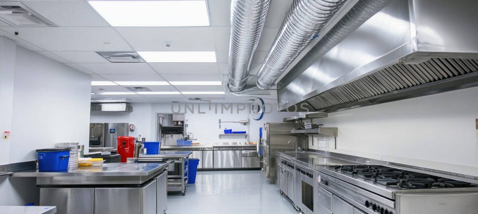 Large, clean professional kitchen showing stainless steel counters, gas burning stove and ventilation system