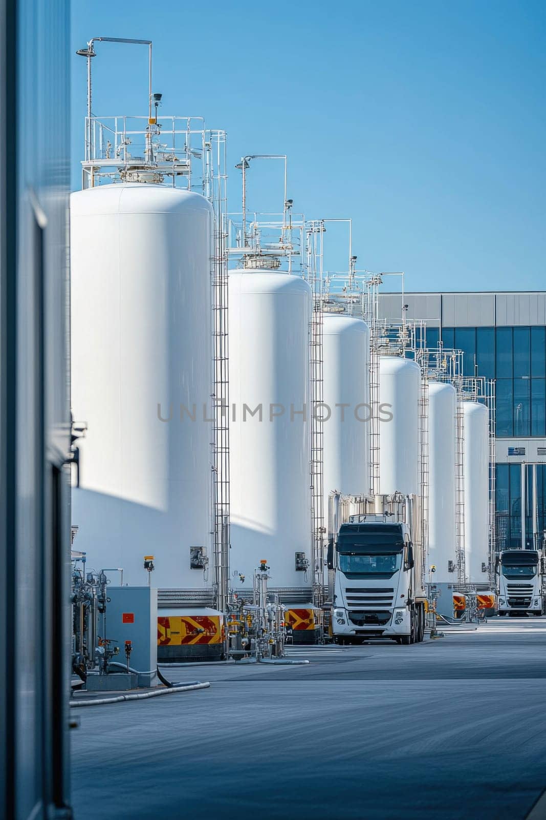 White tanker trucks parked in front of large industrial liquid storage tanks at a chemical plant filling up