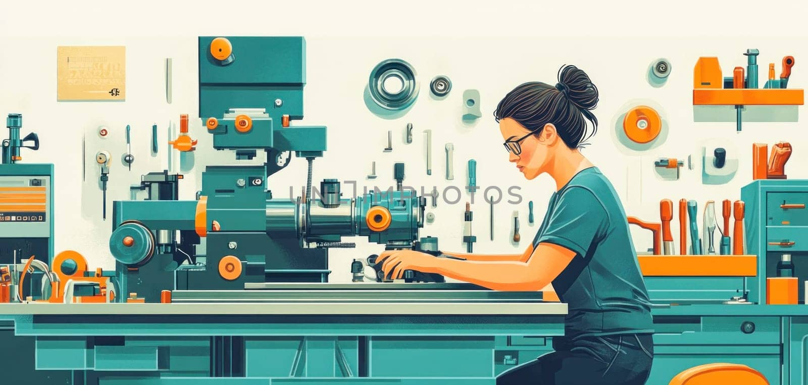 Female technician working with precision machinery in a modern manufacturing plant, highlighting advanced technology and skilled labor