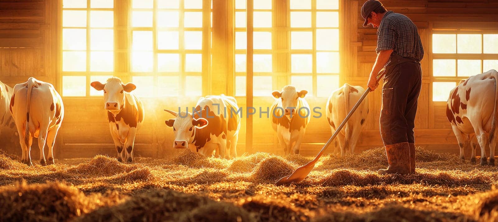 Farmer using pitchfork spreading hay for cows in sunlit barn at sunrise, creating idyllic rural scene