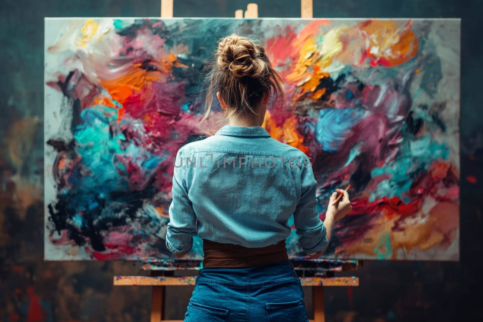 Rear view of a female artist who is very passionate about the process of painting a new picture with bright colors. High quality photo