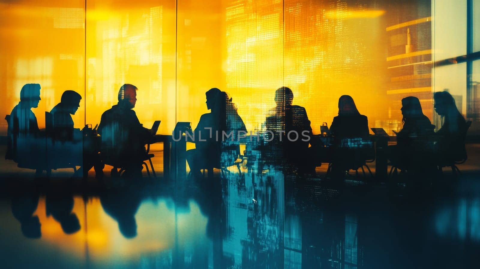 The meeting hall is illuminated by the rays of the setting sun. Colleagues are holding a meeting. High quality photo