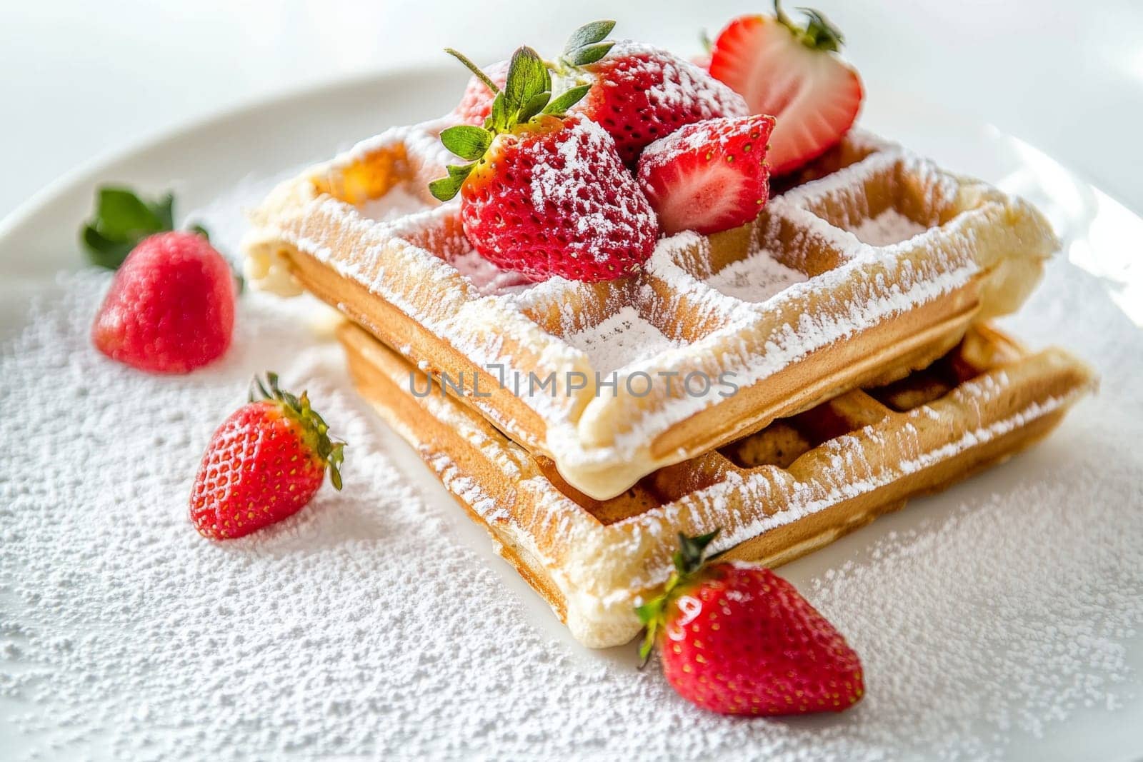 Hot fresh Belgian waffles are prepared for breakfast. The waffles are decorated with strawberries and powdered sugar. High quality photo