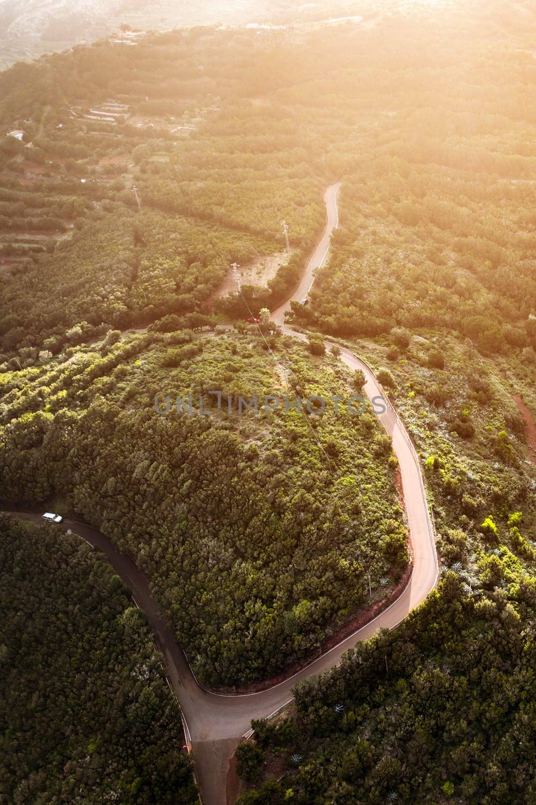 Top view from a drone of a stunning beautiful road, green forests and valleys, mountains, the way to the Masca Gorge, canyon in Tenerife, the Canary Islands in the Atlantic Ocean.