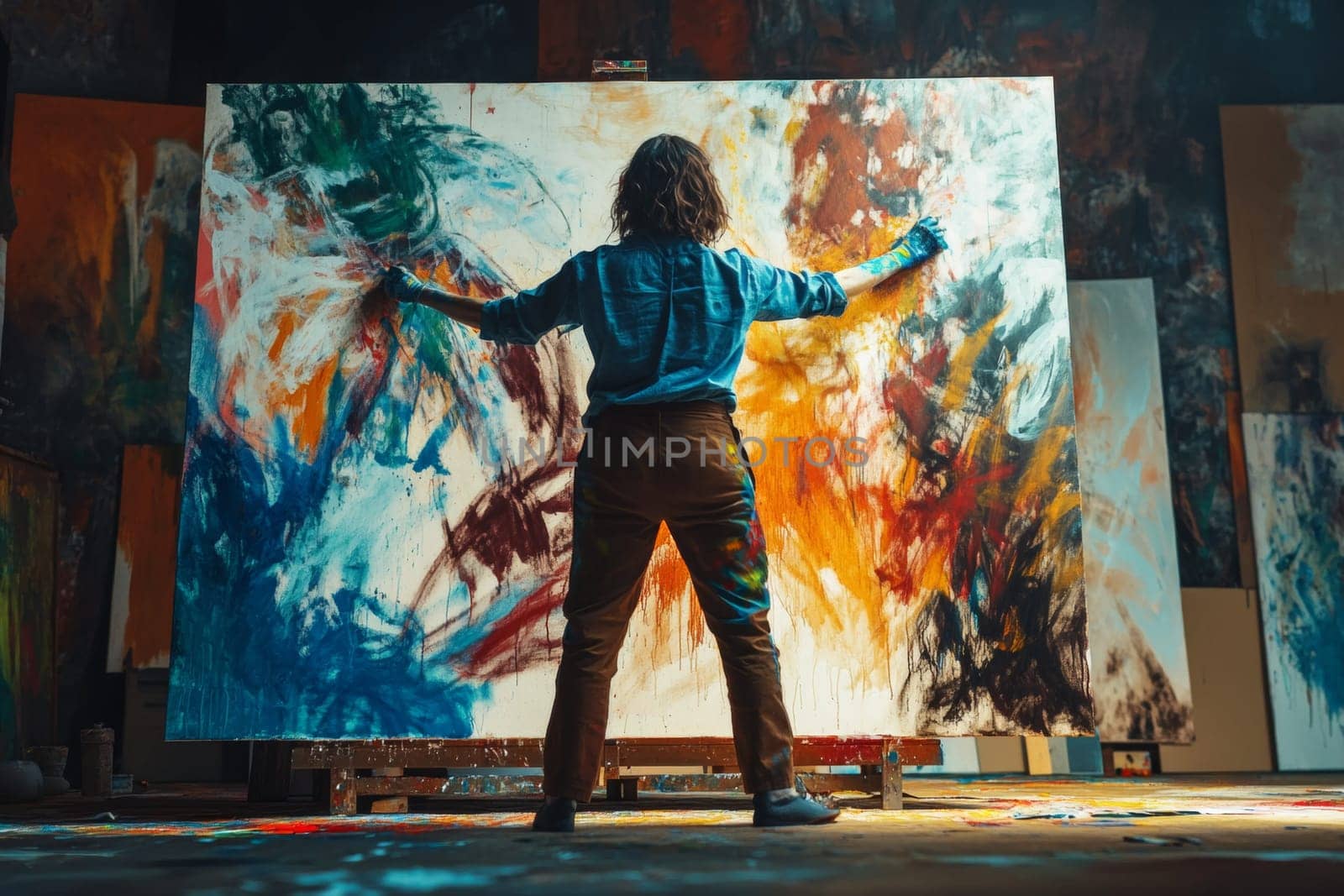 Rear view of a female artist who is very passionate about the process of painting a new picture with bright colors. High quality photo
