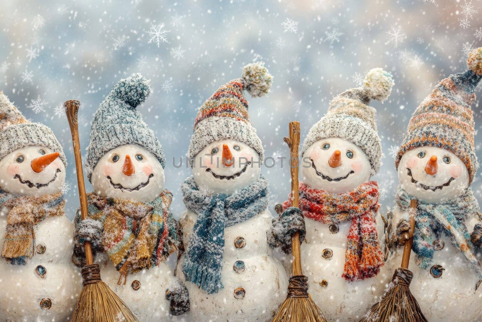 Many funny snowmen stand on a snowy street in winter during a snowfall. High quality photo
