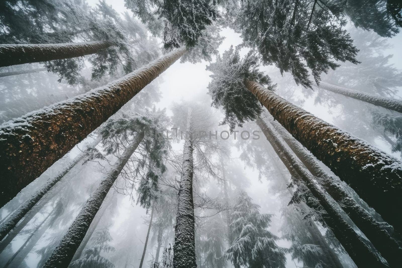 Bottom up view of tree tops in winter forest. High quality photo