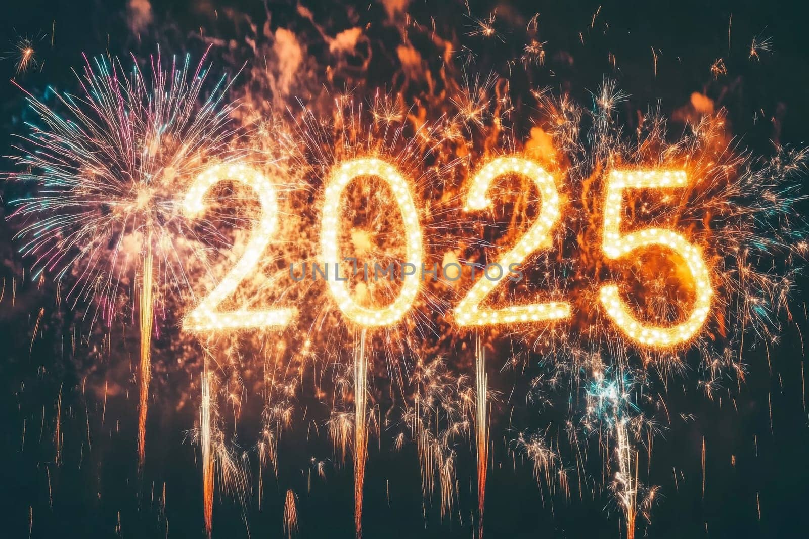 2025. Happy New Year. Fireworks and sparks against the night sky with the numbers of the coming 2025. High quality photo.