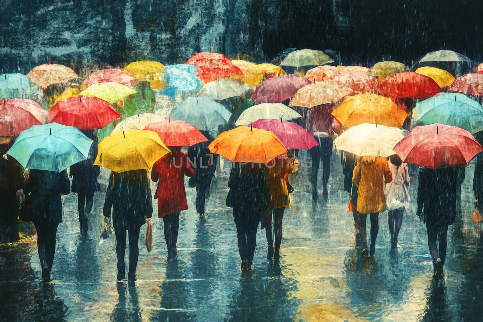 Many people walk in the rain in the city. Multi-colored umbrellas protect people from the pouring rain during rush hour. High quality photo