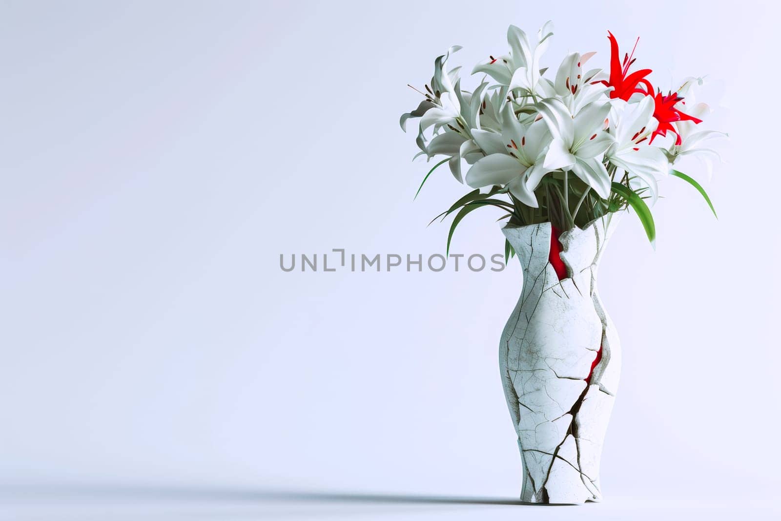 A cracked alabaster vase filled with white and red lilies stands on the right. The left side provides space for custom text or logo, ideal for decorative or promotional use.