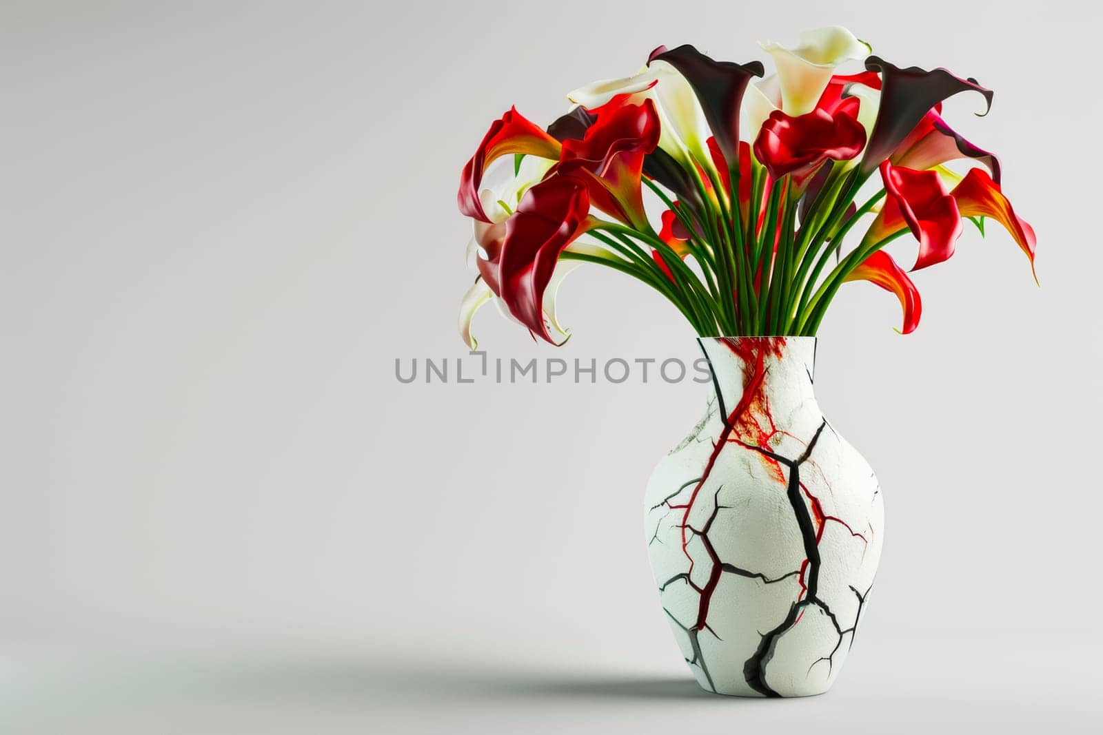 A cracked alabaster vase filled with white, red, and burgundy calla lilies stands on the right. Space on the left offers room for text or logo placement.