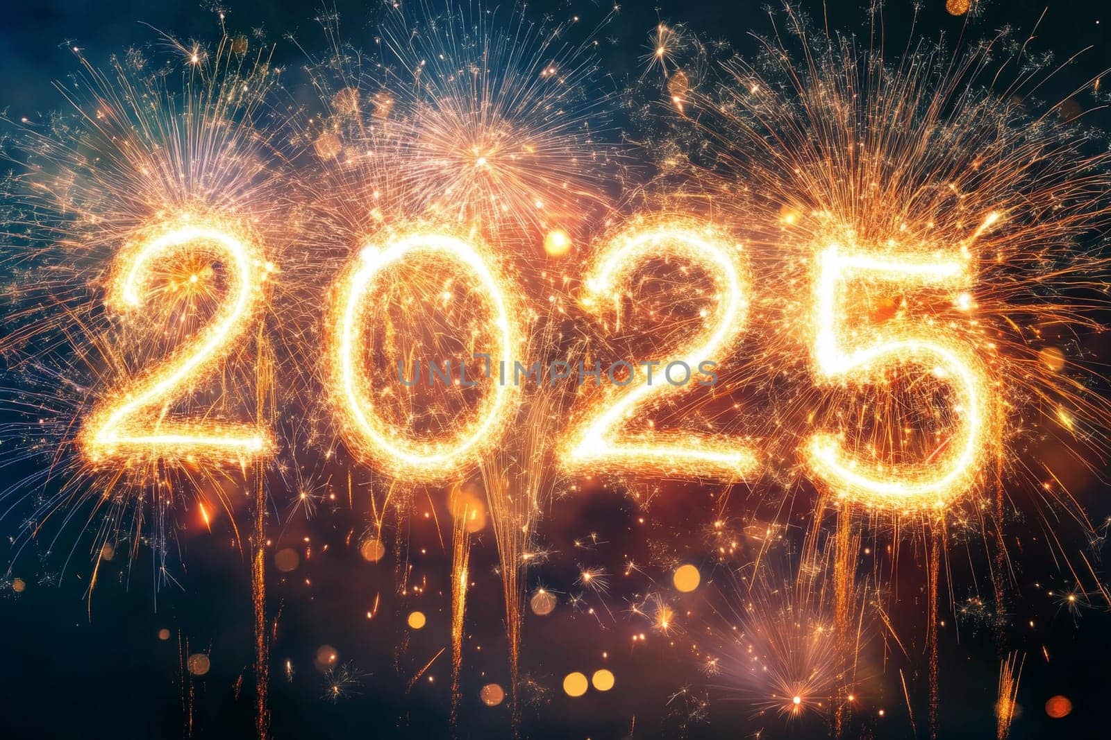 2025. Happy New Year. Fireworks and sparks against the night sky with the numbers of the coming 2025. High quality photo.