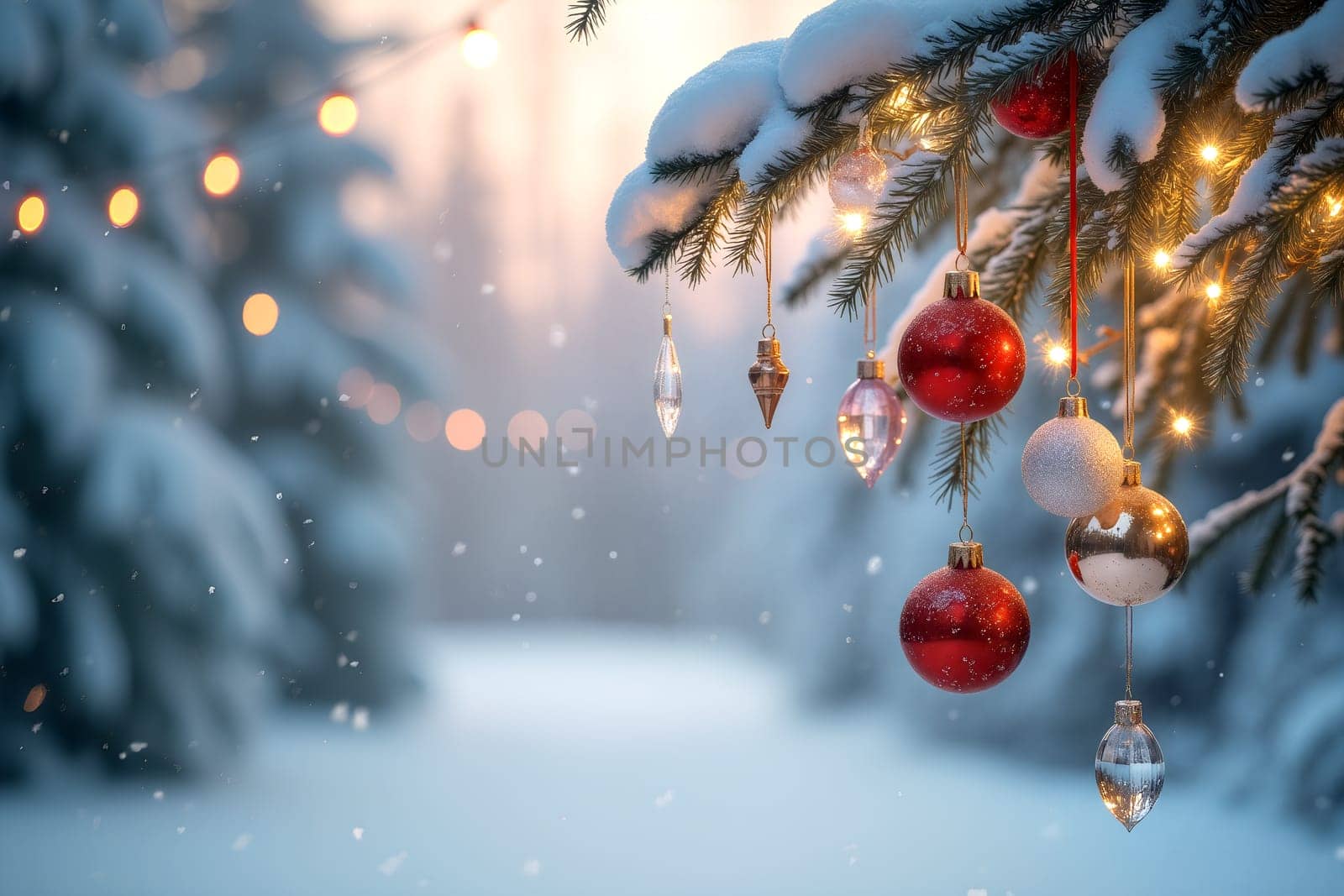 A serene winter scene features a Christmas tree branch with colorful ornaments and glowing lights, surrounded by softly falling snow in a peaceful forest setting - Generative AI