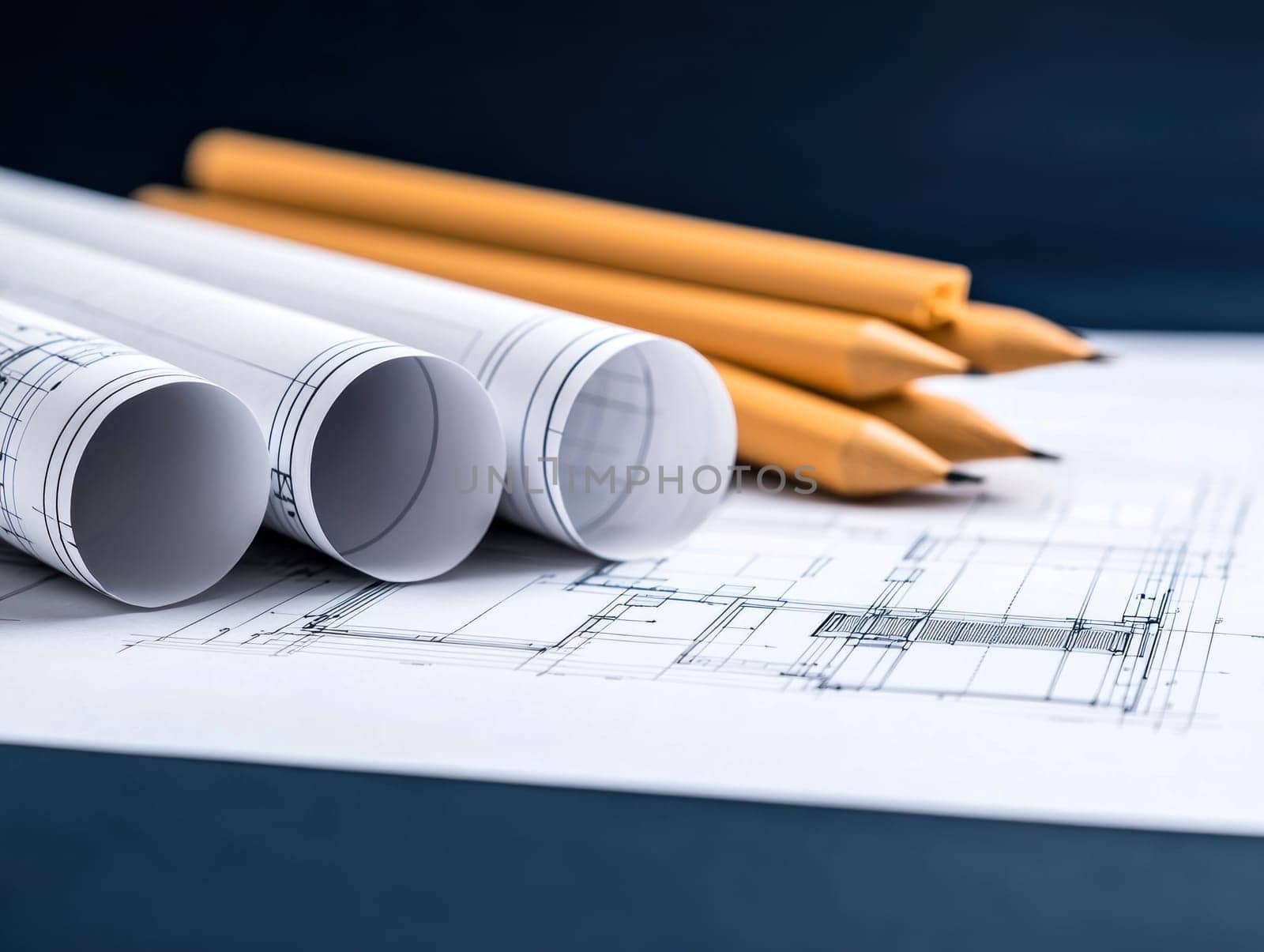 Architectural blueprints and drafting tools create professional atmosphere.