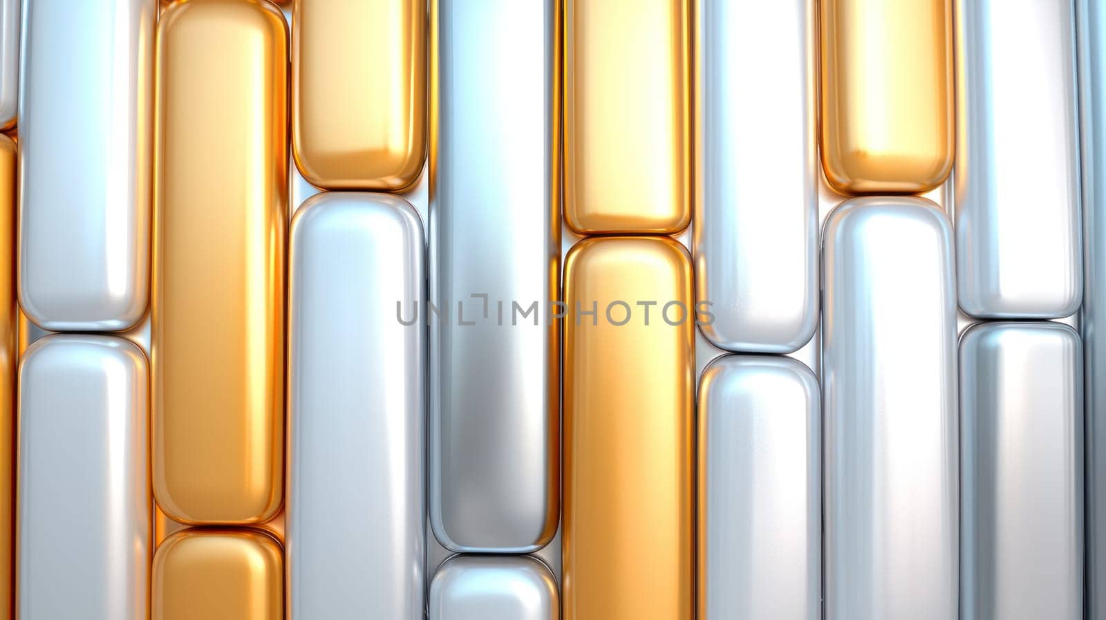 Shiny metallic blocks in silver and gold create modern, sleek background.