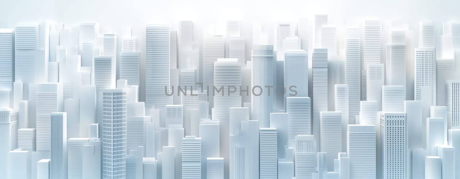 Modern city skyline with white and gray 3D building models, creating serene atmosphere.