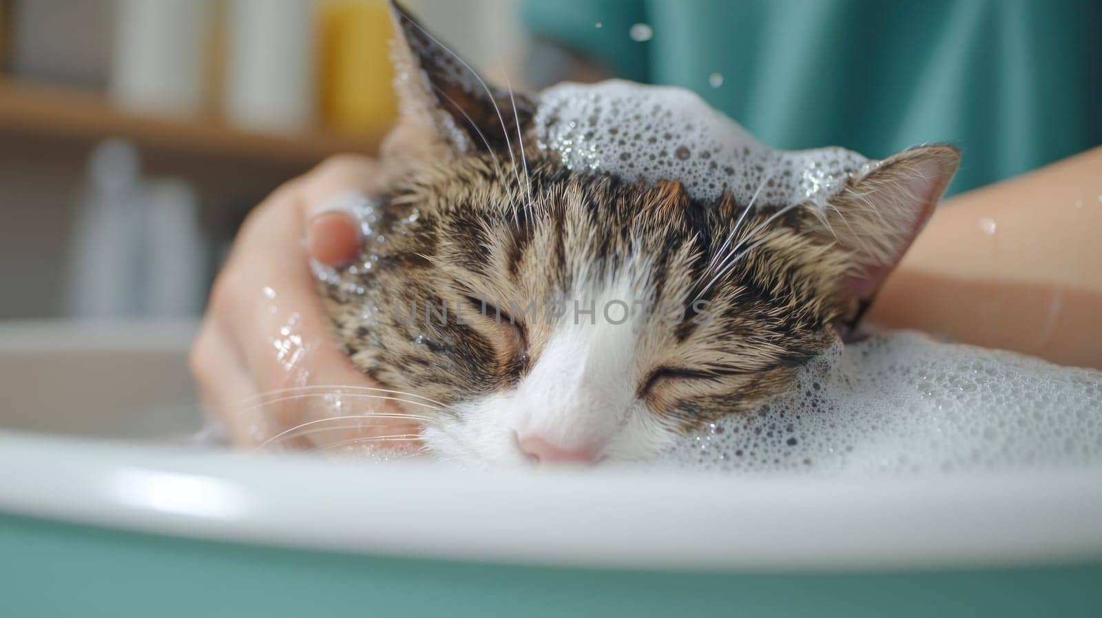 cat being washed in bathtub, enjoying bubbly bath experience.