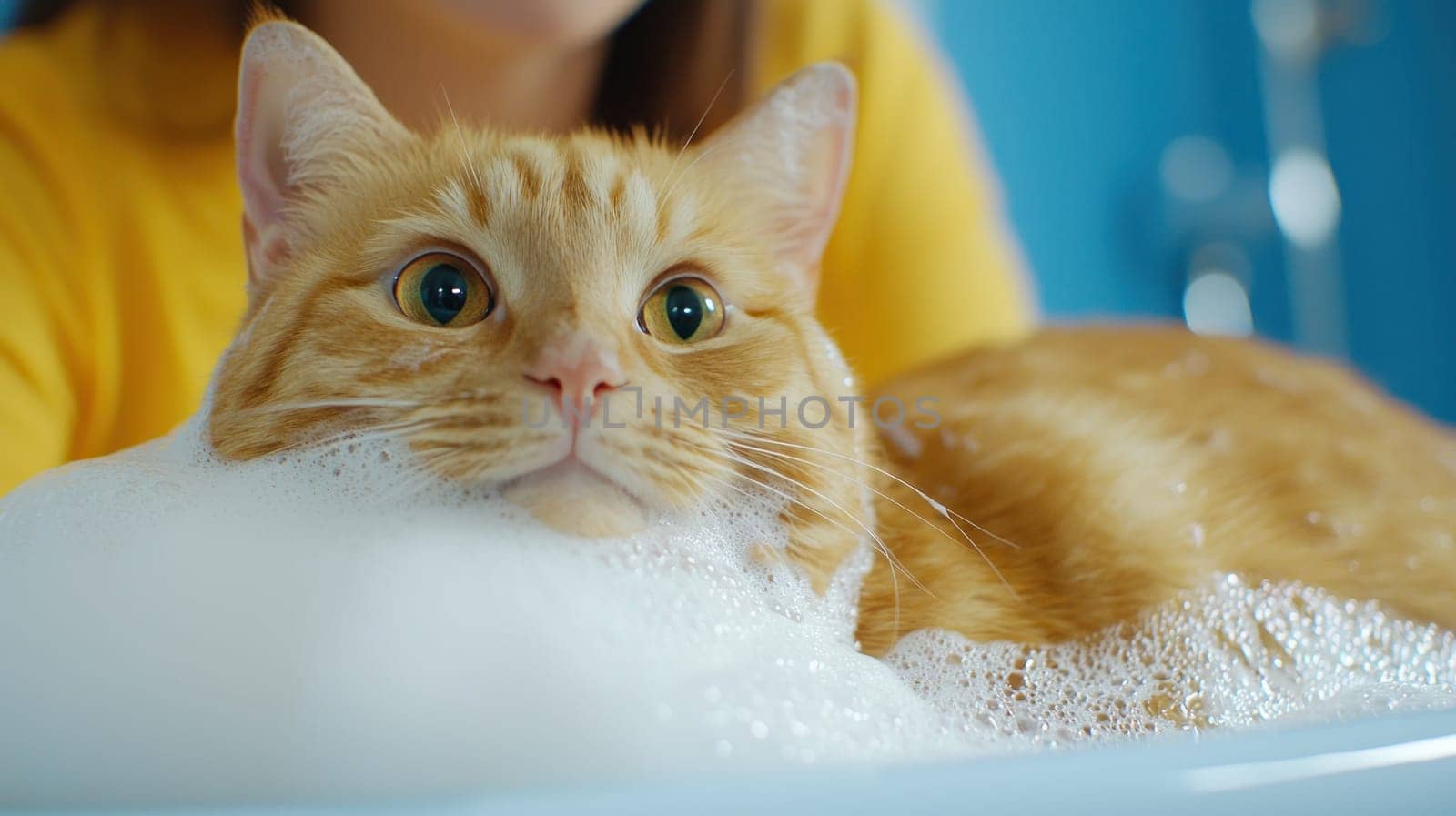 cat in bathtub being washed with bubbles, looking curious and calm.