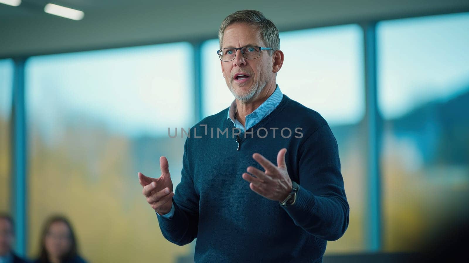 Engaging business consultant giving presentation in modern office setting.