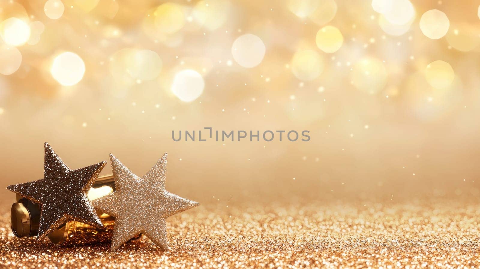 Sparkling gold background with glittering stars creates festive atmosphere.