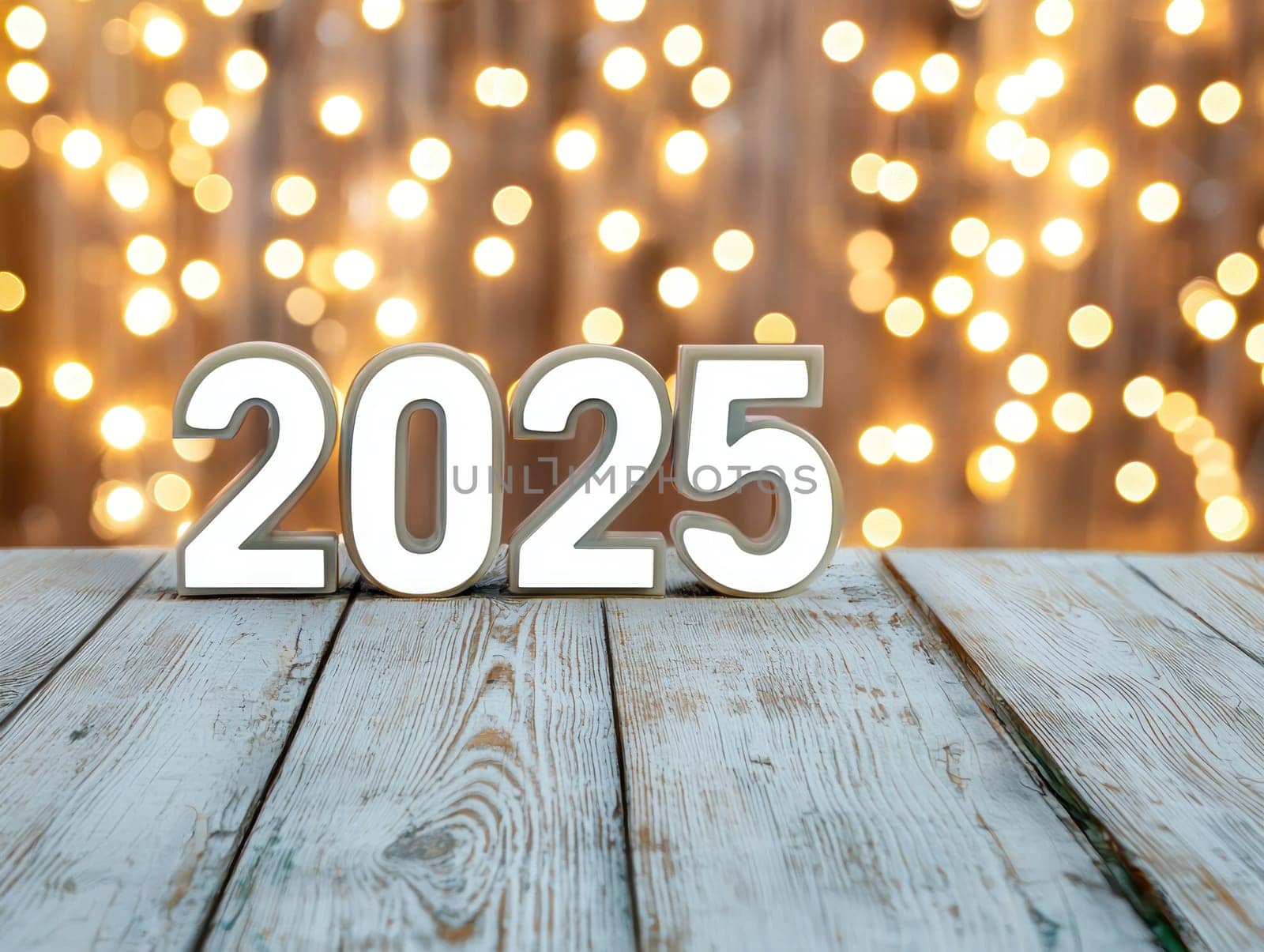 year 2025 is illuminated against backdrop of warm golden lights, creating festive atmosphere.