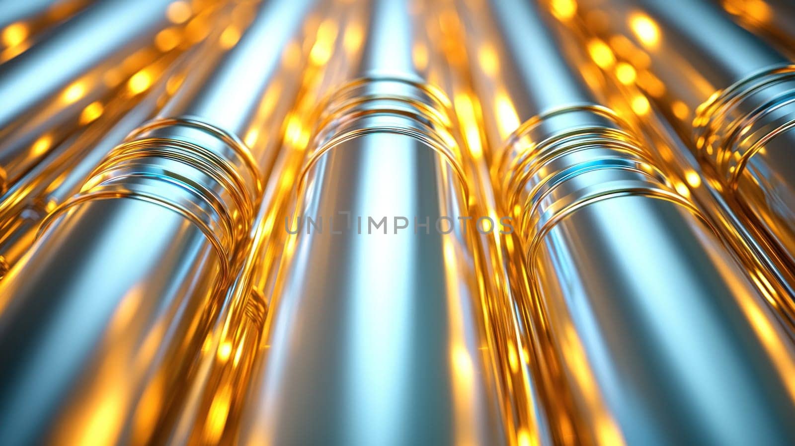 Shiny metallic columns reflect warm light, creating vibrant atmosphere.