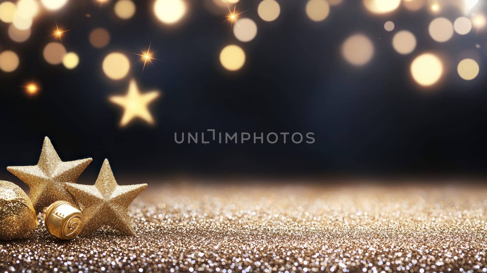Golden stars and festive decorations create magical holiday atmosphere.