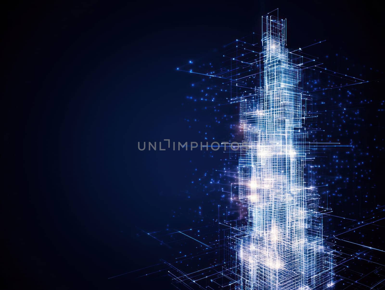 Digital skyscraper design with glowing lines and particles.