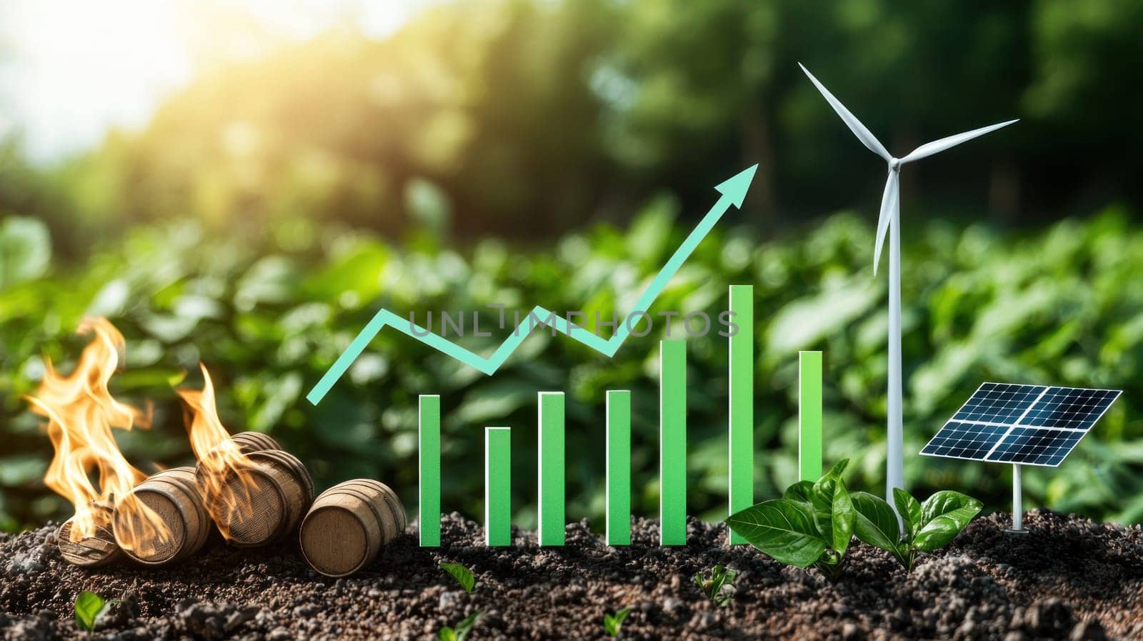 Sustainable growth is represented by bar graph, wind turbine, and solar panel.