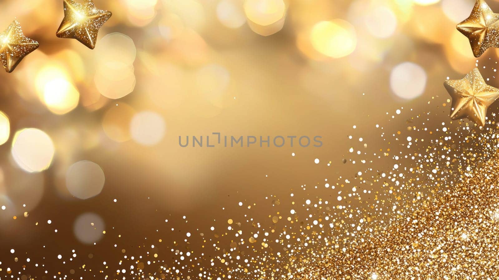 Golden background with sparkling stars and glittering bokeh effects.
