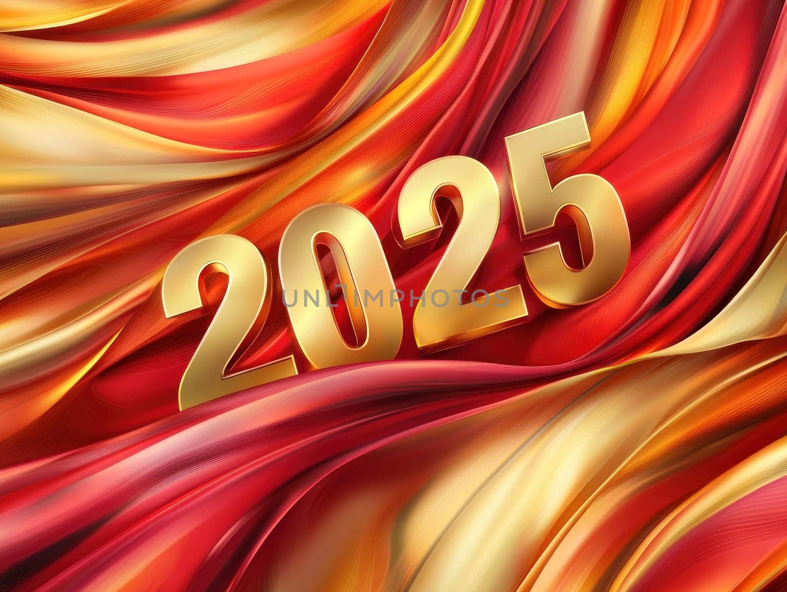 Celebrating vibrant colors of 2025 with festive gold and red waves.