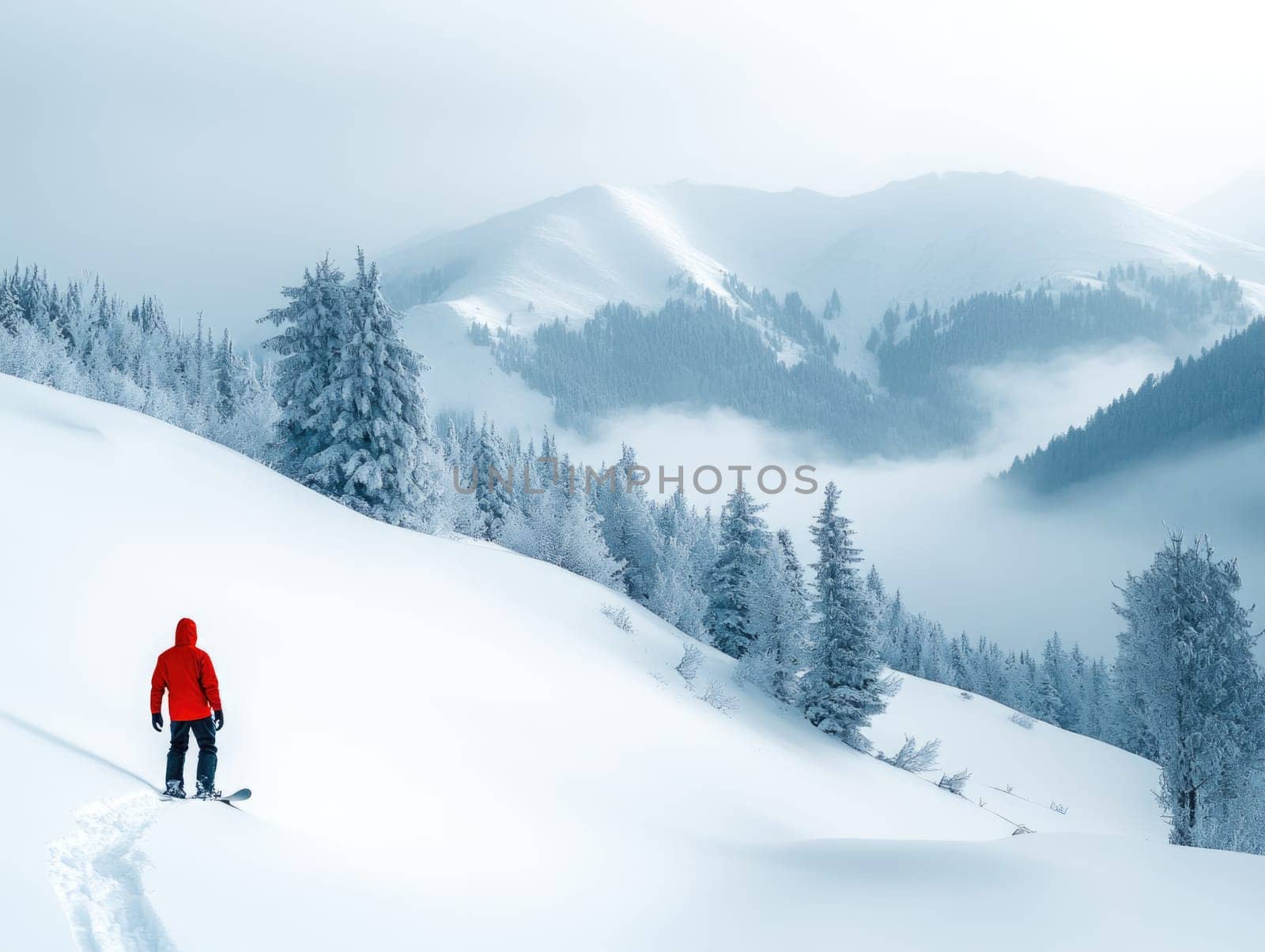 Winter thrill: snowboarder navigating snowy slopes of winter mountains, showcasing skill, adrenaline while enjoying breathtaking scenery and vibrant atmosphere of a snowy adventure