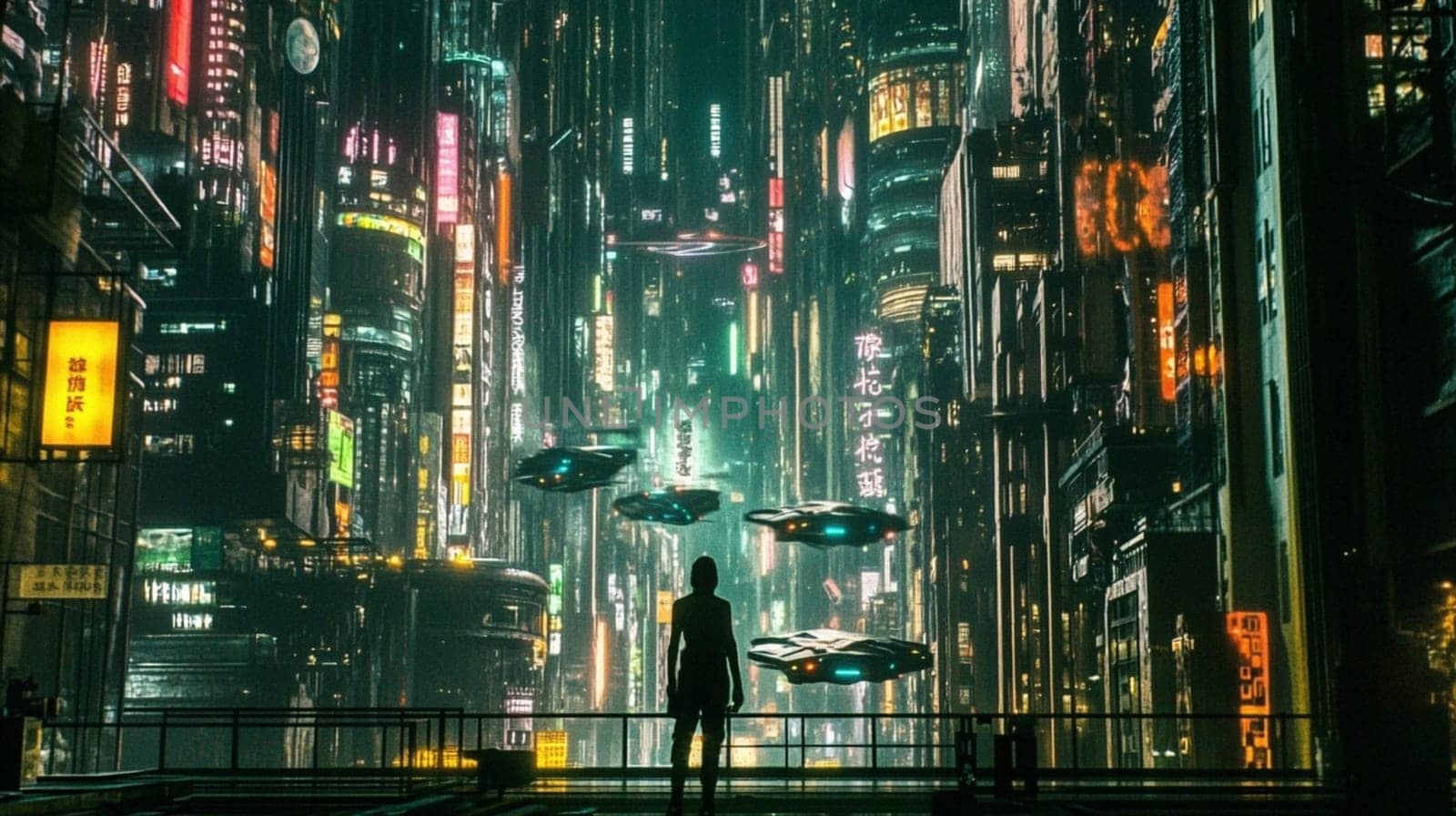Woman stands on a balcony in a futuristic city at night, watching flying cars zoom through the urban landscape, blending technology and architecture seamlessly