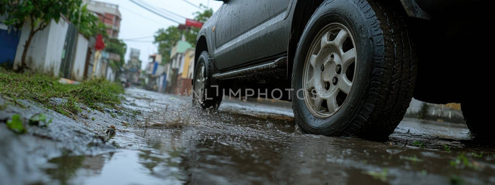 Safe journey: vehicle cautiously navigating a damp roadway, emphasizing the importance of driving safety and vehicle control on slippery surfaces while adapting to challenging wet road conditions