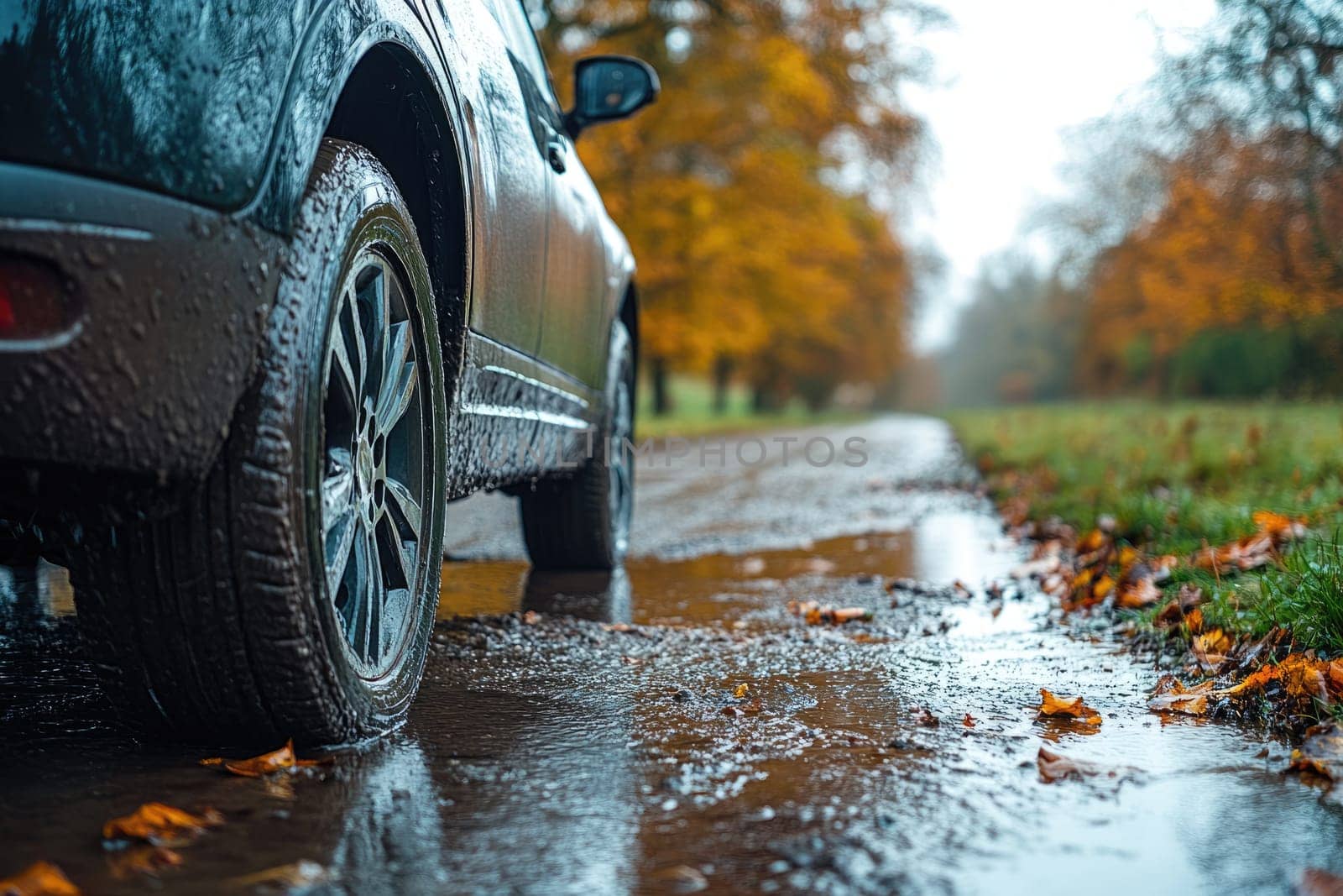 Cautious drive: vehicle carefully maneuvers on a slick road, illustrating the significance of maintaining control and awareness in adverse weather conditions to ensure safety and prevent accidents
