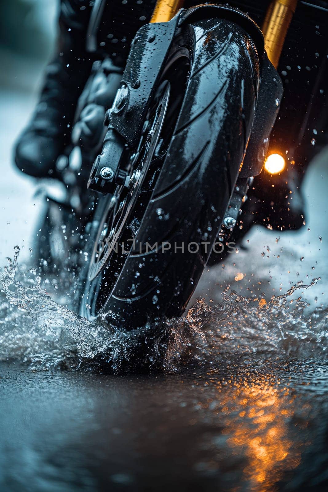Safe journey: vehicle cautiously navigating a damp roadway, emphasizing the importance of driving safety and vehicle control on slippery surfaces while adapting to challenging wet road conditions