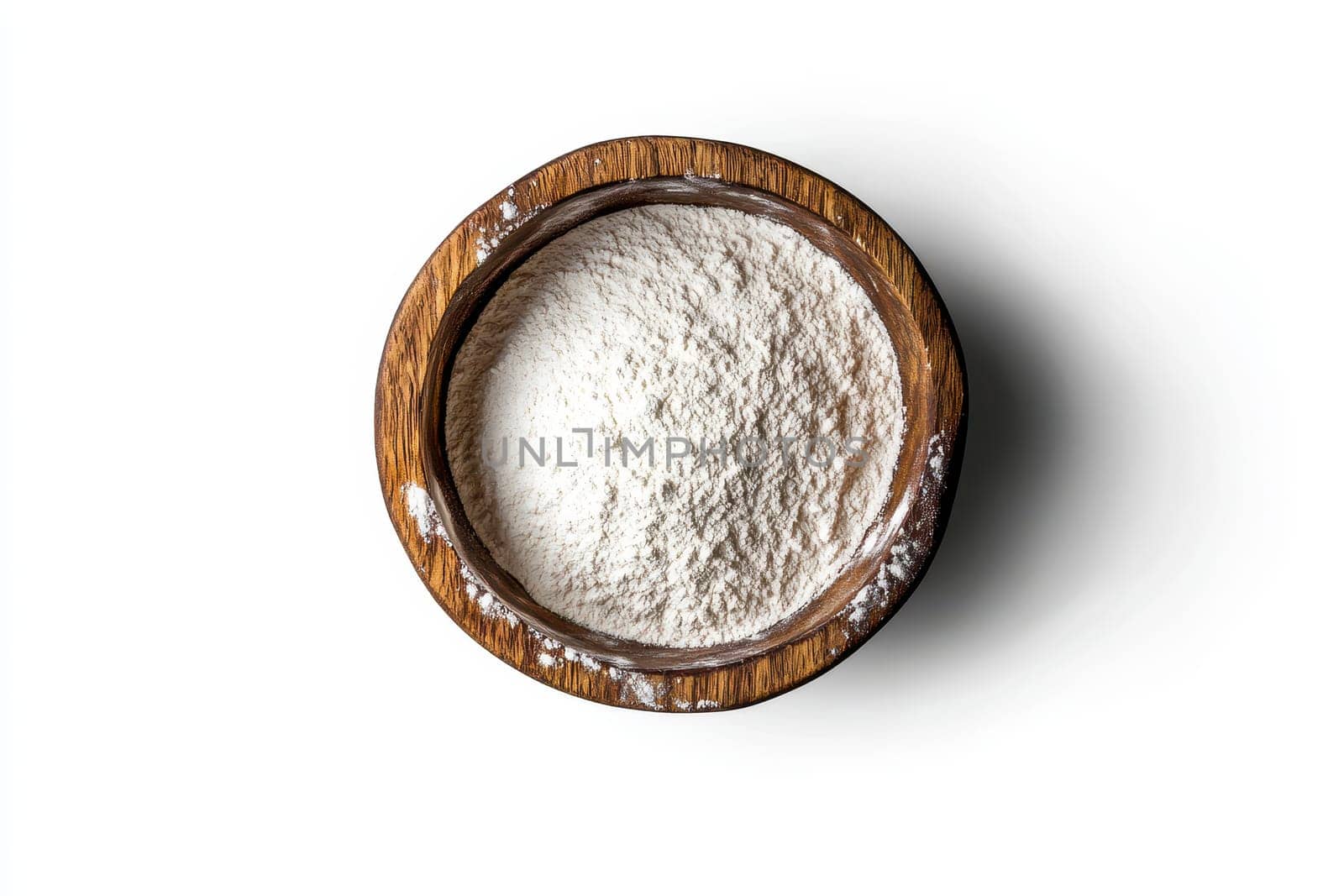 photography food ingredients, top view White flour in a wooden bowl. Isolated white background --ar 3:2 --v 6.1 Job ID: c0237bec-717b-41d7-a483-6553ebbe0003