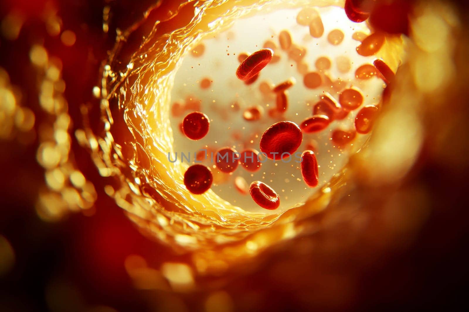 Clogged artery and atherosclerosis disease medical concept with a three dimensional human artery with blood cells that is blocked by plaque buildup of cholesterol. Generative AI.