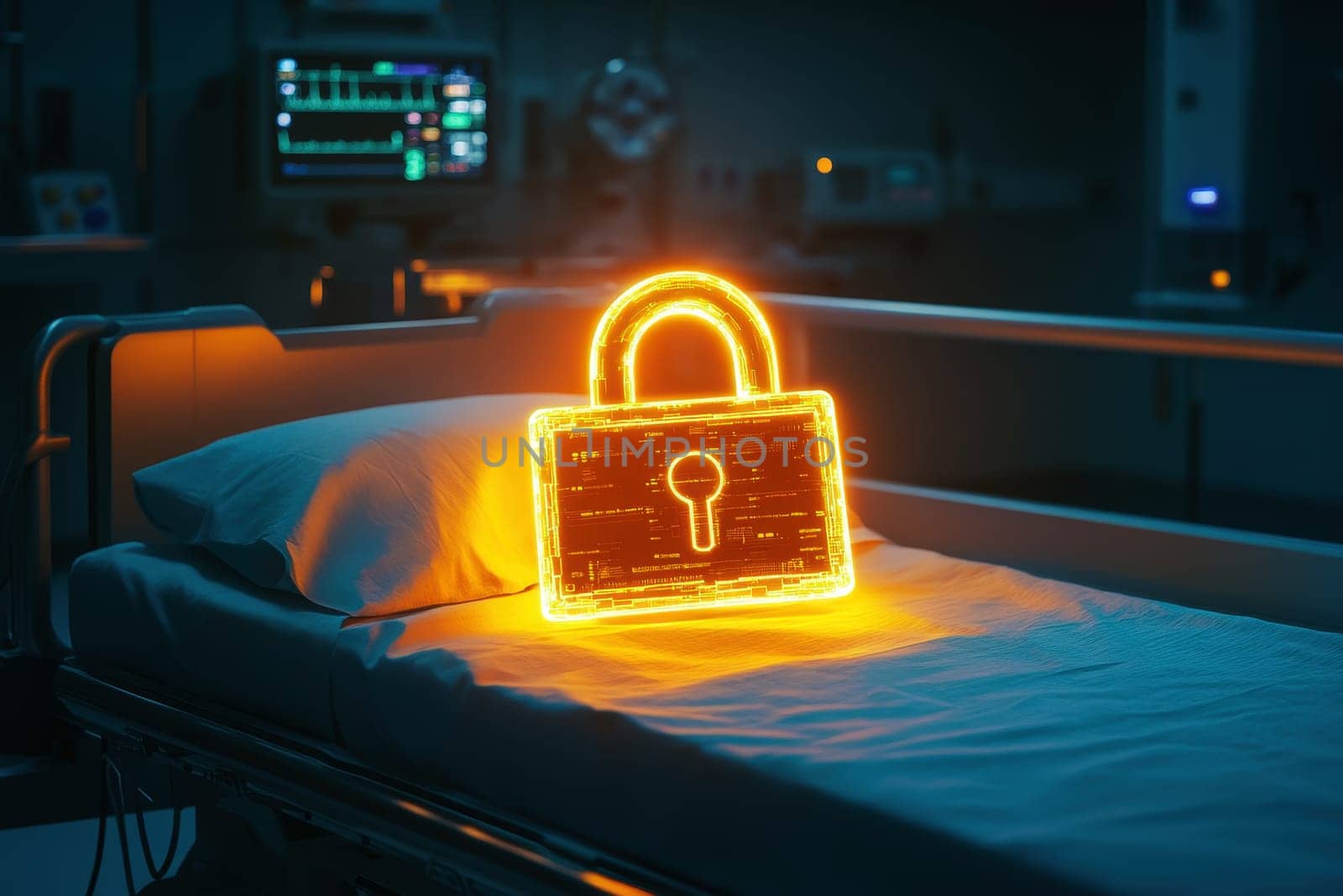 glowing padlock icon hovering over hospital bed soft blue tones subtle medical equipment in background digital security concept in healthcare setting..