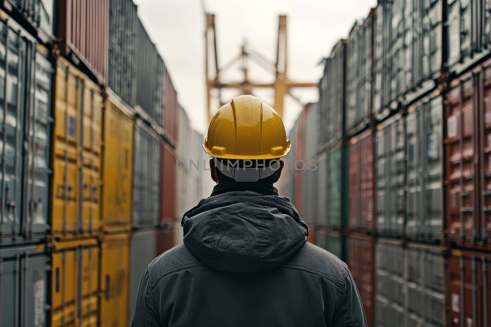the logistic business owner is wearing a safety helmet in a cargo freight ship for import export container yard . High quality illustration