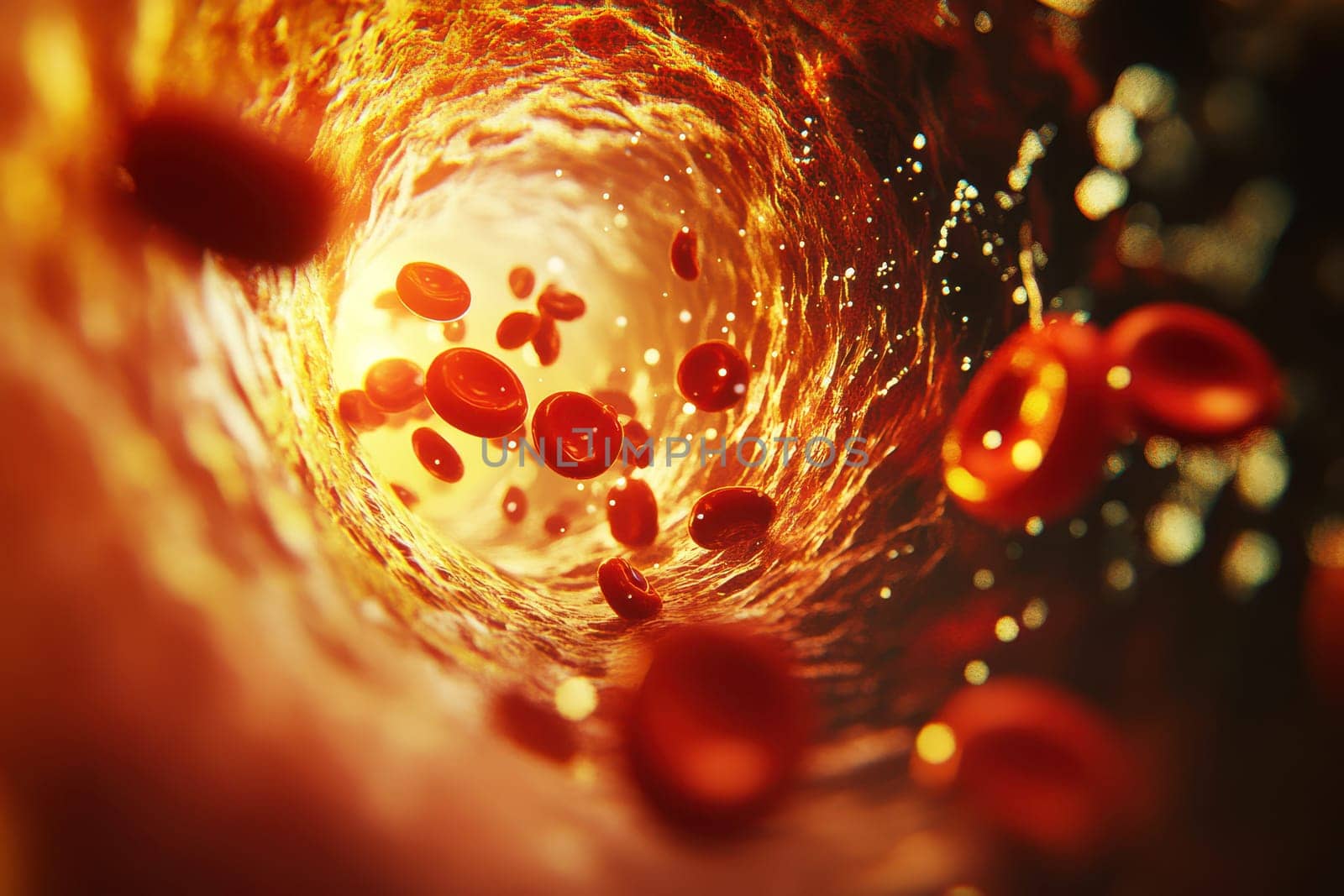 Clogged artery and atherosclerosis disease medical concept with a three dimensional human artery with blood cells that is blocked by plaque buildup of cholesterol. Generative AI.