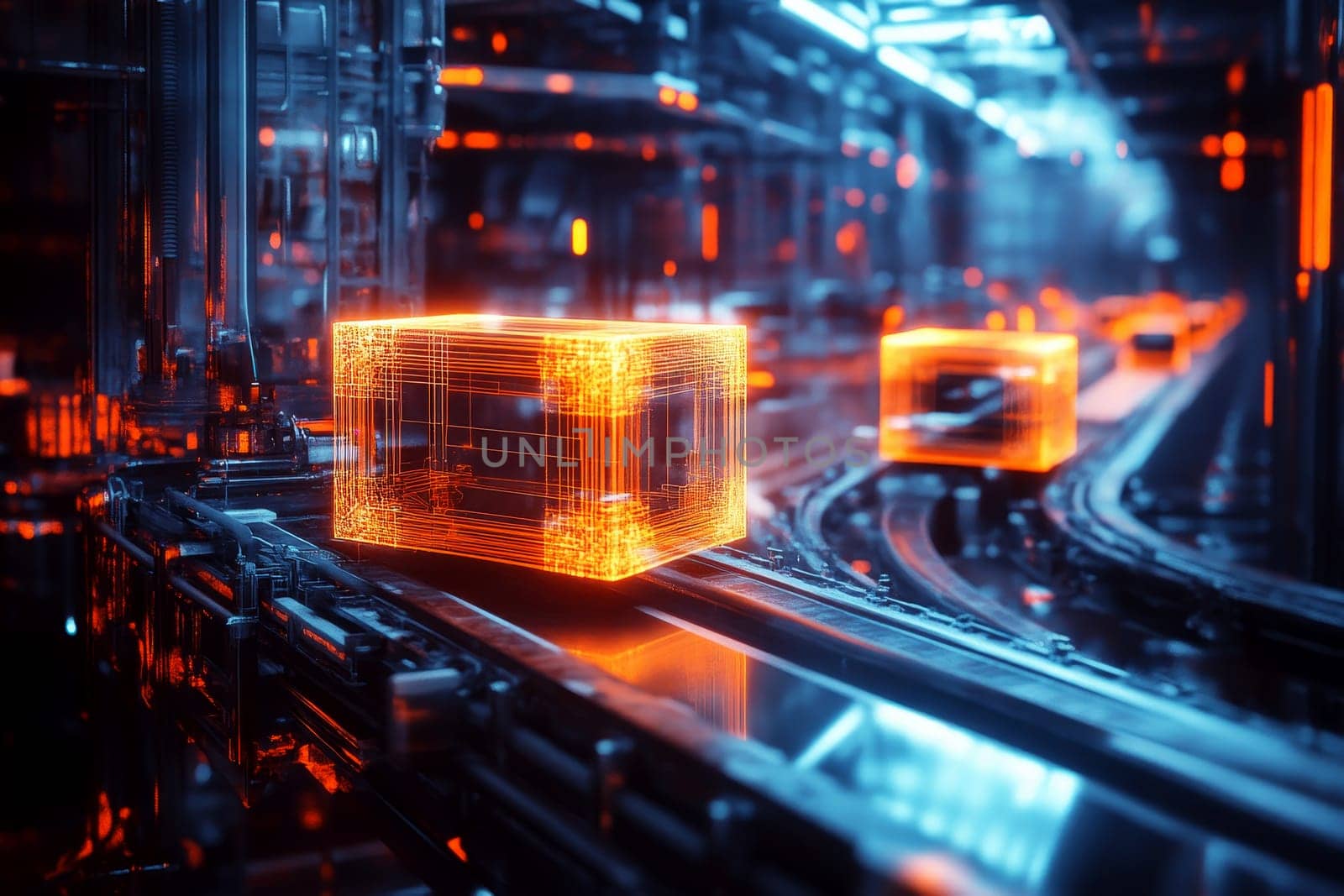 Smart warehouse management system using augmented reality technology to identify package picking and delivery . Future concept of supply chain and logistic busines.