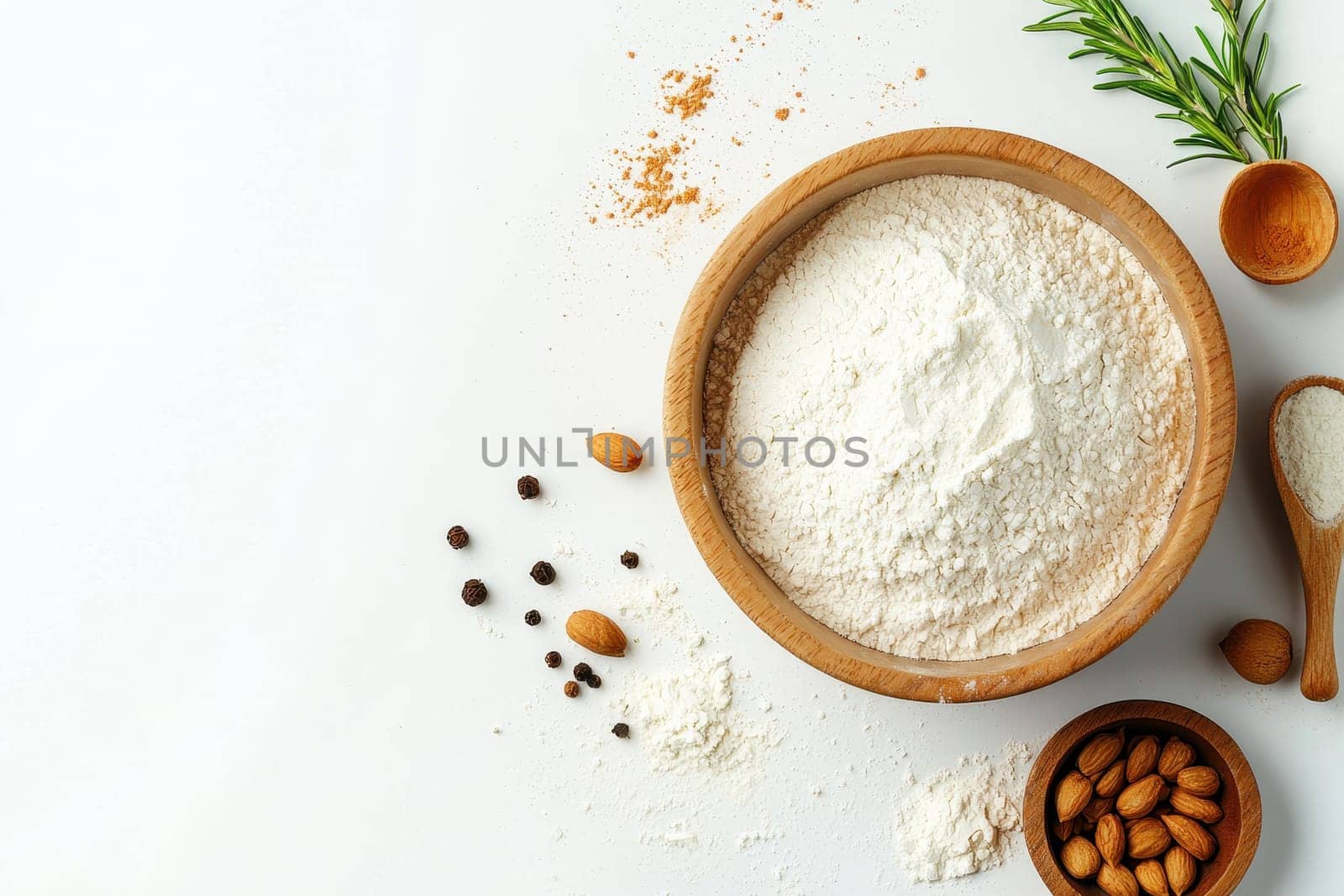 White flour in a wooden bowl. Isolated white background.