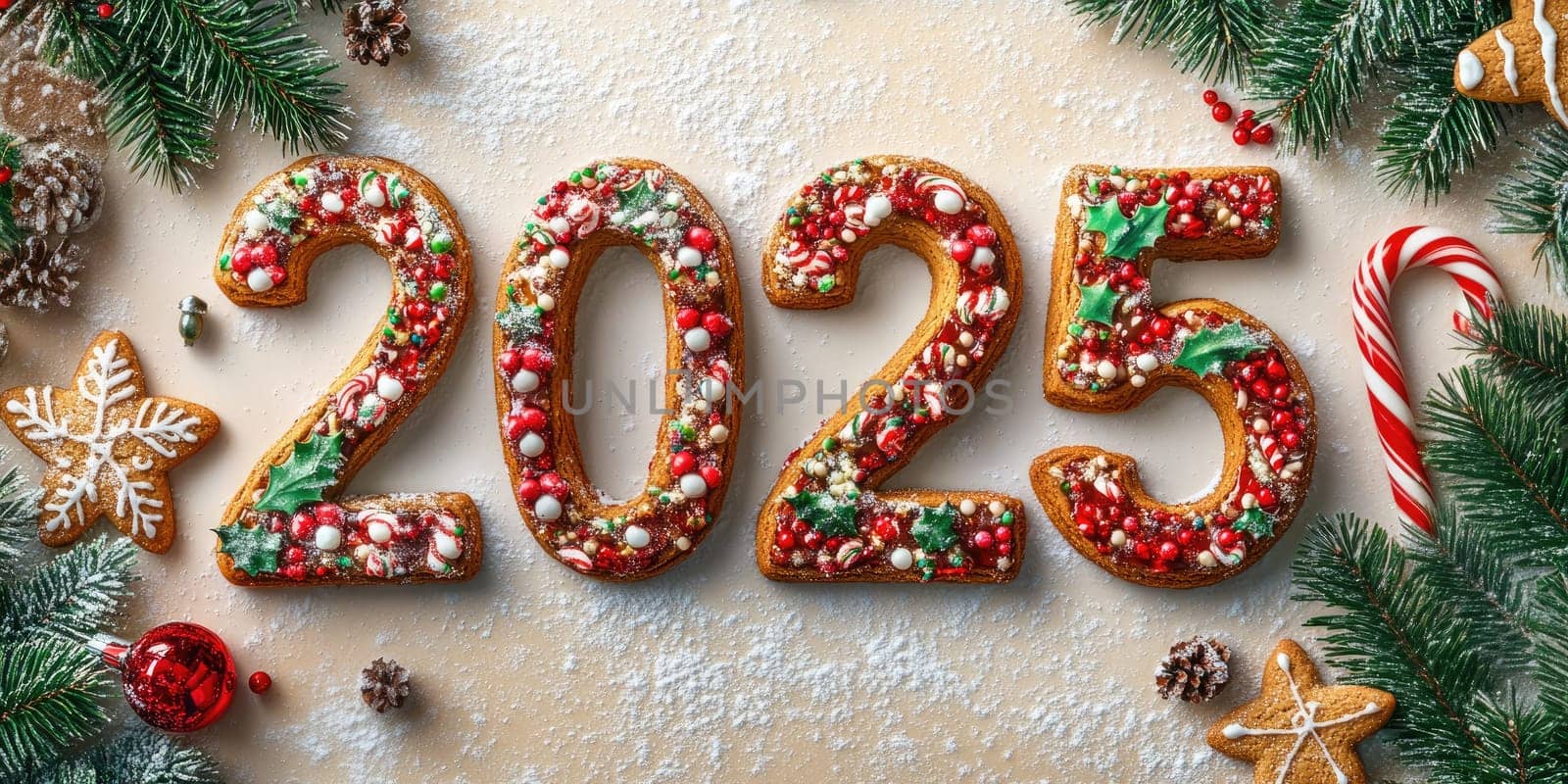 Festive 2025 christmas bakery design with gingerbread and holiday decorations.