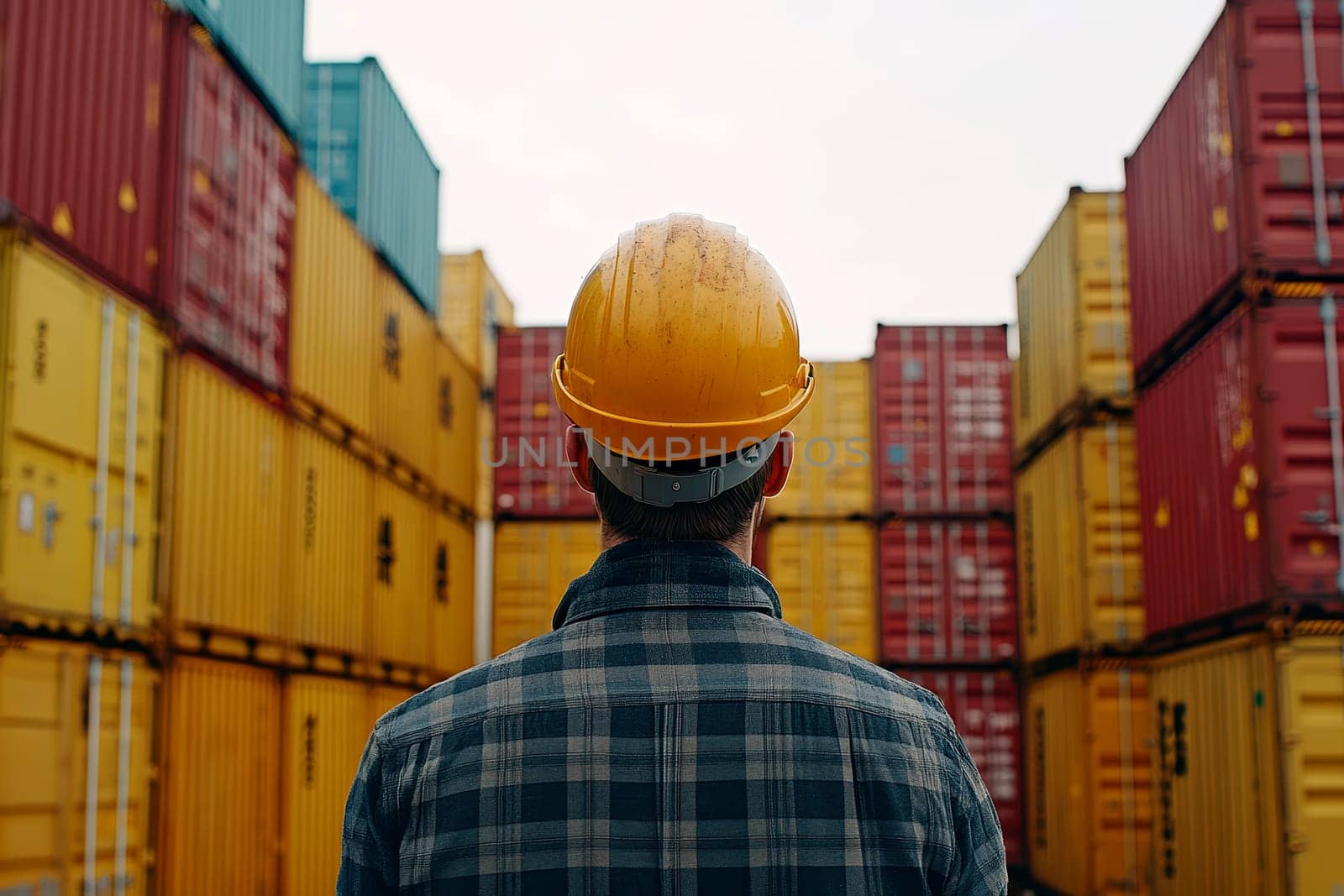 the logistic business owner is wearing a safety helmet in a cargo freight ship for import export container yard ..